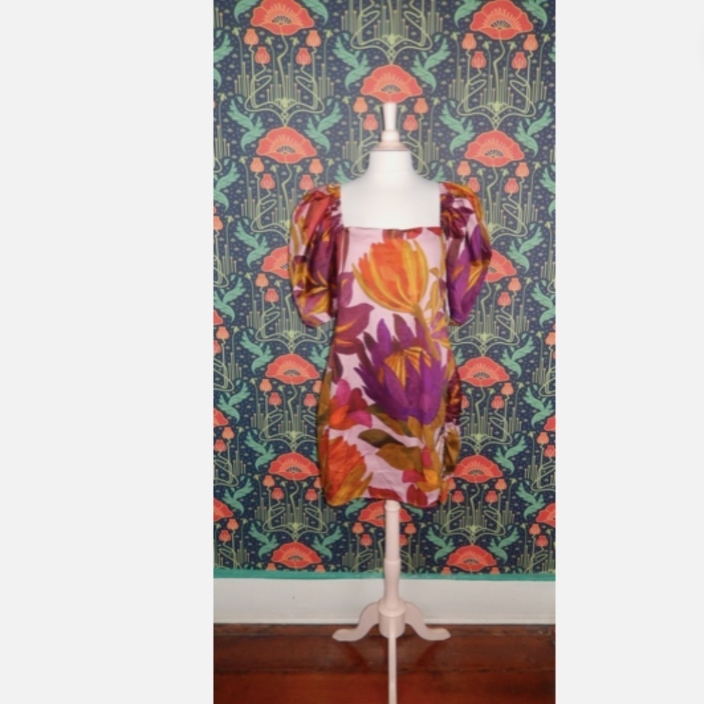 Farm Rio Anthropologie Puff Sleeve Square Neck Purple Green Mini Dress XL Nwt - Picture 3 of 9